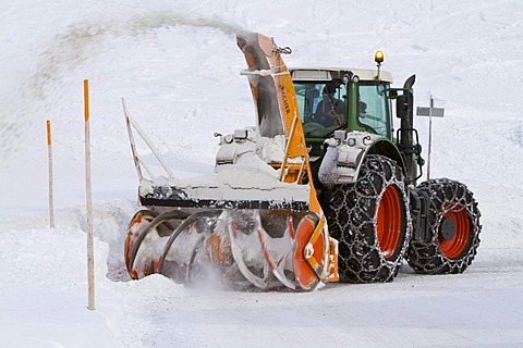 Tractor with snow thrower removing snow, Obertauern, Hohe Tauern region, Salzburg, Austria, Europe