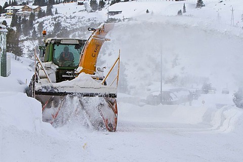 Tractor with snow thrower removing snow, Obertauern, Hohe Tauern region, Salzburg, Austria, Europe