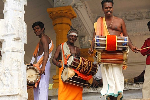 Drummers in a temple, Thaipusam festival in Tenkasi, Tamil Nadu, Tamilnadu, South India, India, Asia