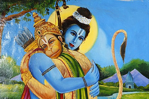 Painting of Hanuman with the god Rama, Srivilliputhur Andal temple, Srivilliputtur, Tamil Nadu, Tamilnadu, South India, India, Asia