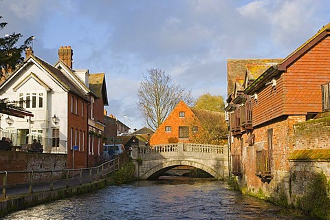 View on River Itchen with the city bridge from "The Weirs", Winchester, Hampshire, England, United Kingdom, Europe