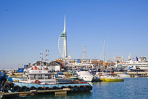 Inner Camber Dock with Spinnaker Tower at back, Portsmouth, Hampshire, England, United Kingdom, Europe