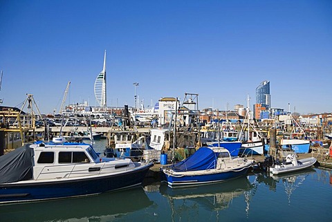 Inner Camber Dock with Bridge Tavern, Spinnaker Tower and The Number One Tower or Lipstick at back, Portsmouth, Hampshire, England, United Kingdom, Europe