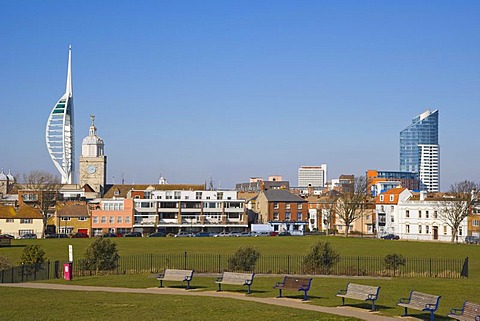 Spires of Portsmouth Cathedral, The Number One Tower or Lipstick, Spinnaker Tower and Governor's Garden from King's Bastion, Old Portsmouth, Hampshire, England, United Kingdom, Europe