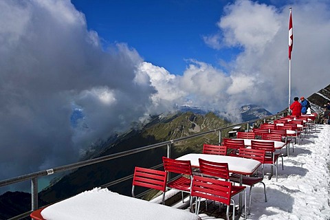 Terrace of the Rothorn Kulm mountain hotel on Mt. Brienzer Rothorn, Bernese Oberland, Switzerland, Europe