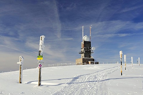 The weather radar system of the German Weather Service on the 1493m high Mt. Feldberg in the Black Forest, Landkreis Breisgau-Hochschwarzwald district, Baden-Wuerttemberg, Germany, Europe