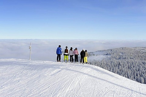 A group of skiers on the slopes of Mt. Seebuck in the Black Forest, Landkreis Breisgau-Hochschwarzwald district, Baden-Wuerttemberg, Germany, Europe