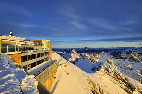 View of the panorama restaurant and viewing terrace on the summit of Mt Saentis, short before sunset, Canton of Appenzell Innerrhoden, Switzerland, Europe