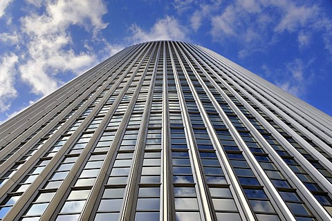 The aluminium and glass clad facade of the Pollux office tower, 130 metres high, 33 storeys, in Frankfurt Forum, the Dresdner Bank being one of its main tenants, Frankfurt am Main, Hesse, Germany, Europe