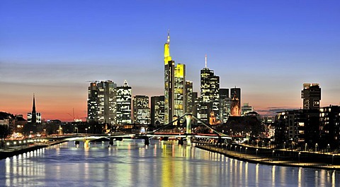 Frankfurt skyline seen from the east with Floesserbruecke bridge, Frankfurt am Main, Hesse, Germany, Europe