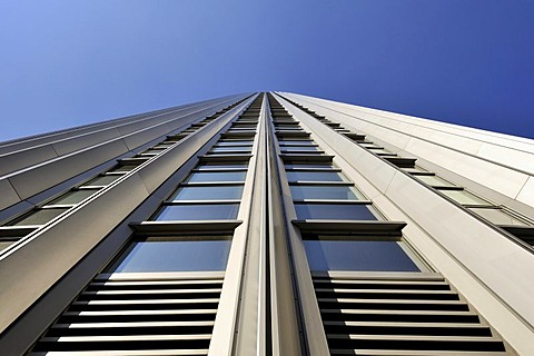 The aluminium and glass clad facade of the 130 metre and 33 storey tall Pollux office building in Frankfurt Forum, the Dresdner Bank being its main tenant, Frankfurt am Main, Hesse, Germany, Europe