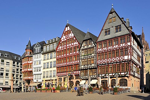 Reconstructed historic half-timbered buildings, Roemerberg square or Samstagsberg square, Frankfurt am Main, Hesse, Germany, Europe