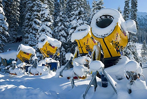 Snowy snow cannon out of service, Tyrol, Austria, Europe