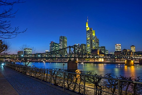 Skyline in the evening light, banks, Commerzbank, river Main, Frankfurt, Hesse, Germany, Europe