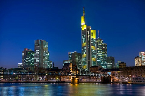 Skyline in the evening light, banks, Commerzbank, river Main, Frankfurt, Hesse, Germany, Europe