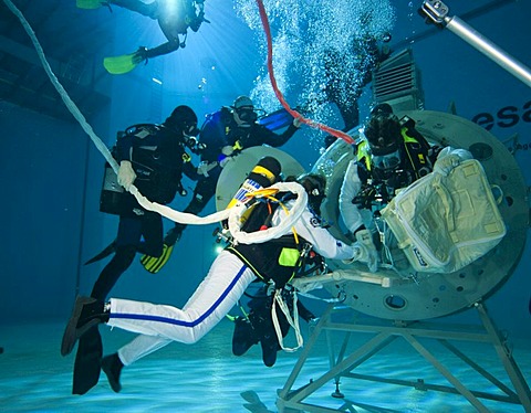 Backup divers and astronauts practicing with a space station module reproduction in a diving basin, European Space Agency, ESA, European Astronaut Center, EAC, Cologne, North Rhine-Westphalia, Germany, Europe