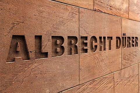 Relief lettering with the artist's name, Albrecht Duerer, New Museum, Luitpoldstrasse 5, Nuremberg, Middle Franconia, Bavaria, Germany, Europe