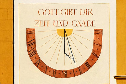 Old sundial on the Kunigundenkirche church, Franz-Wittmanngasse, Pottenstein, Upper Franconia, Bavaria, Germany, EuropeGermany, Europe