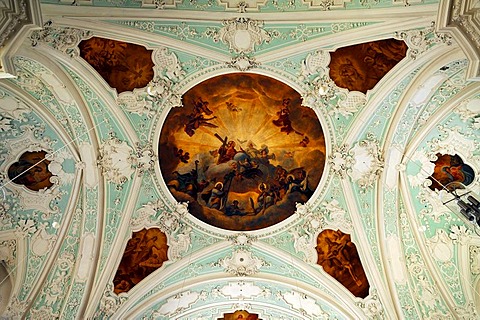 Vaulted ceiling, ceiling painting by M. Guenther from 1752, Basilika Goessweinstein basilica, Baroque, consecrated in 1739, architect Baltasar Neumann, Balthasar-Neumann-Strasse 7, Goessweinstein, Upper Franconia, Bavaria, Germany, Europe