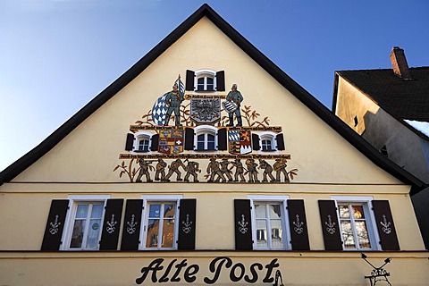 Detail of the facade of the former "Alte Post", inn and post office until 1885, historical painting by George Prell, 1927, Am Marktplatz, Graefenberg, Upper Franconia, Bavaria, Germany, Europe