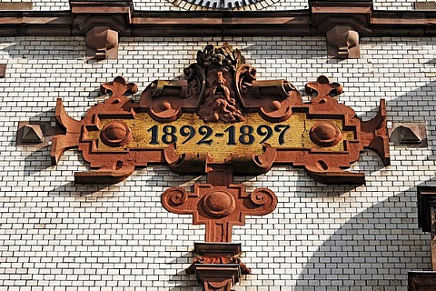 Turret clock with decorative mosaic, year "1892-1897", main post office, built from 1892 to 1897 in neo-Renaissance style, Mecklenburgstrasse, Schwerin, Mecklenburg-Western Pomerania, Germany, Europe