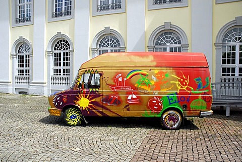 Painted DAF car in front of an art gallery by Pawel Althamer, 'Fruehling' exhibition, Fridericianum Museum, Friedrichsplatz Square, Kassel, Hesse, Germany, Europe