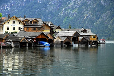 Boathouses, Hallstatt at the Hallstaetter See, Lake Hallstatt, UNESCO World Heritage Site, Salzkammergut, Alps, Upper Austria, Europe