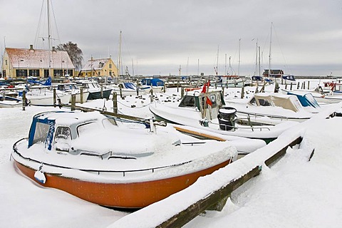 Dragor harbour frozen and covered in snow, Denmark, Europe