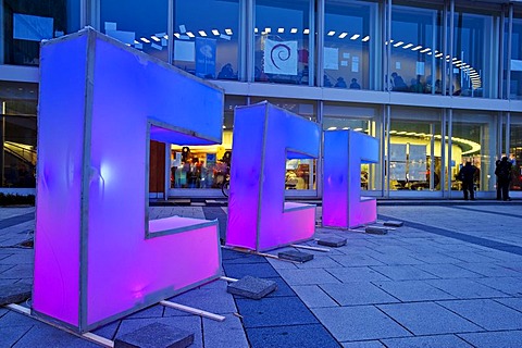 Illuminated letters in front of the Berlin Congress Center, bcc, during the Chaos Communication Congress 26C3 of the Chaos Computer Club, Berlin, Germany, Europe