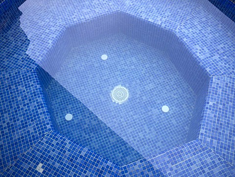 Octagon, blue mosaic-tiled swimming pool on a terrace of an apartment in Majorca, Balearic Islands, Spain, Europe