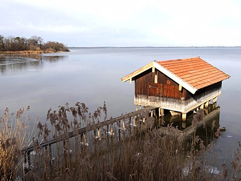 Boat shed on Lake Chiemsee, Chiemgau, Upper Bavaria, Germany, Europe