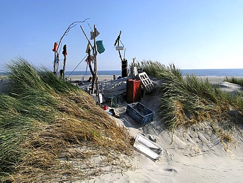 Beach art from various objects washed up from the North Sea island of Amrum, Germany, Schleswig-Holstein, Europe