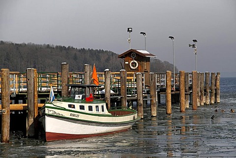 Workboat Birgit and wooden pier, Herreninsel island, Lake Chiemsee, Chiemgau, Upper Bavaria, Germany, Europe