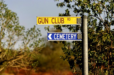 Interesting sign combination, Gun Club, cemetery, Mt Newman, Northwest Australia