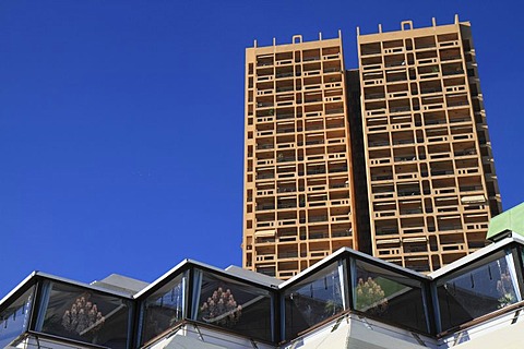 Grimaldi Forum, Columbia Palace high-rise building at back, Larvotto, Principality of Monaco, Cote d'Azur, Europe