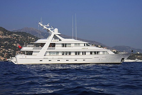 Liberty GB motor yacht, off Cap Martin, during the Monaco Yacht Show, Departement Alpes Maritimes, Region Provence-Alpes-Cote d'Azur, France, Europe