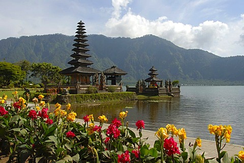 Bali Hinduism, colourful flowers in bloom, Balinese Pagoda, Pura Ulun Danu Bratan Temple, Bratan Lake, Bedugul, Bali, Indonesia, Southeast Asia, Asia