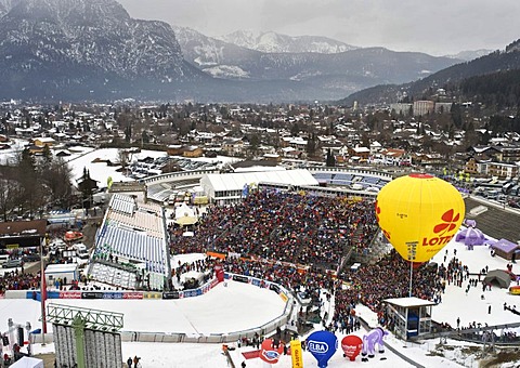 Grand stand in the Olympic ski stadium in Garmisch-Partenkirchen, slalom competition at the Gudiberg, Bavaria, Germany, Europe