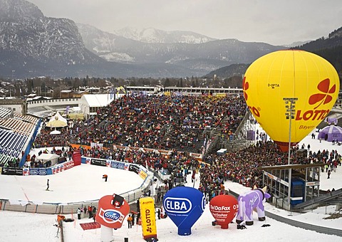 Grand stand in the Olympic ski stadium in Garmisch-Partenkirchen, slalom competition at the Gudiberg, Bavaria, Germany, Europe