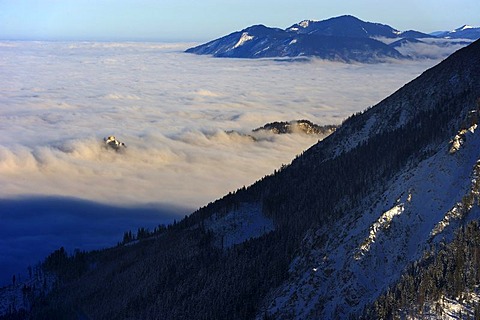 Sea of fog with a castle and alpine peaks, Tannheim Valley, Tyrol, Austria, Europe