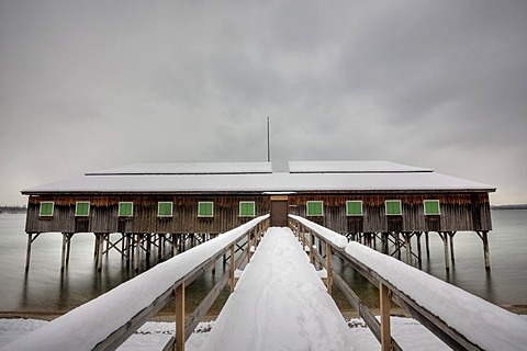 Bath house in winter at Lake Constance in Bregenz, Austria, Europe