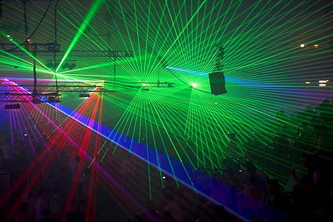 Laser show, Winter World 2010, techno festival in Sports Hall Oberwerth, Koblenz, Rhineland-Palatinate, Germany, Europe