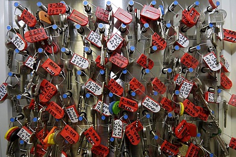 Key rack with front door keys from elderly people who are registered with the home care service of the German Red Cross in Koblenz, Rhineland-Palatinate, Germany, Europe