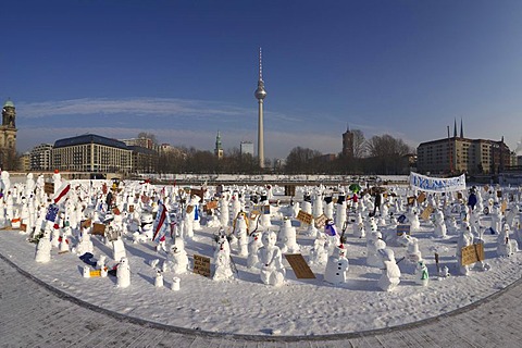 Demonstration of snowmen against climate change on the Schlossplatz in Berlin, Germany, Europe