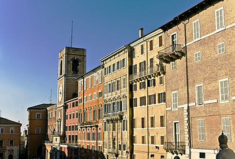 Building facades and clock tower in Piazza Plebiscito or Piazza del Papa, Ancona, Marche, Italy, Europe