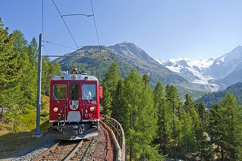 Rhaetische Bahn, Rhaetian Railway on the Bernina Pass, Morteratsch Glacier, Engadin, Grisons, Switzerland, Europe