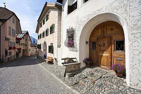 Typical houses, painted facades, village, Guarda, Lower Engadine, Grisons, Grisons, Switzerland, Europe