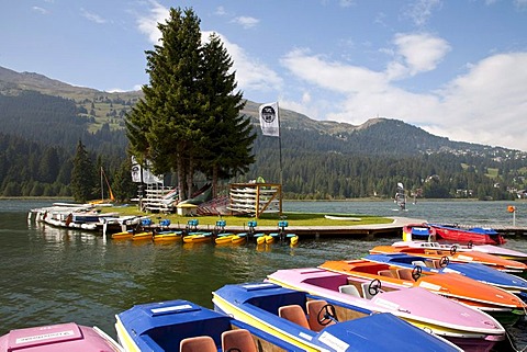 Pedal boats, boat rental at Heidsee lake, Lenzerheide, Grisons, Switzerland, Europe