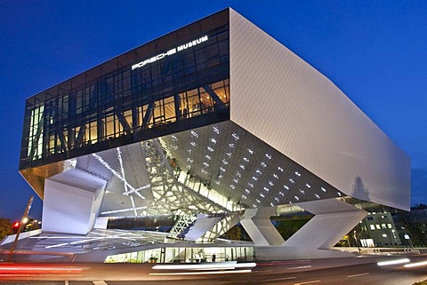 Porsche museum, car museum, modern architecture, in the evening, illuminated, opening in 2009, in Stuttgart-Zuffenhausen, Germany, Baden-Wuerttemberg, Germany, Europe