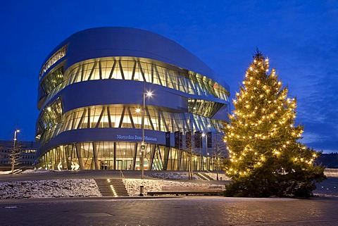 Mercedes-Benz Museum in the evening, lights, Christmas time, Christmas tree, winter, modern architecture, Daimler, Stuttgart, Baden-Wuerttemberg, Germany, Europe